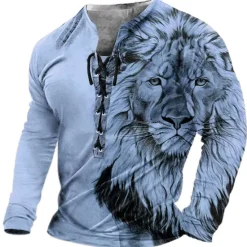 Sale OUKU Men's T Shirt Tee Graphic Lion Collar Clothing Apparel 3D Print Casual Daily Going out Long Sleeve Lace up Print Polyester Vintage Fashion Designer Stylish Comfortable