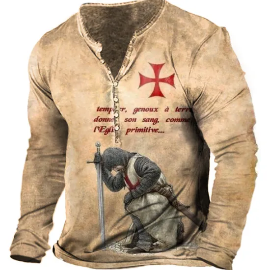 Hot OUKU Men's T shirt Tee Henley Shirt Tee Graphic Templar Cross Soldier Henley Light Green Red Blue Green Khaki 3D Print Plus Size Outdoor Daily Long Sleeve Button-Down Print Clothing Apparel Stylish