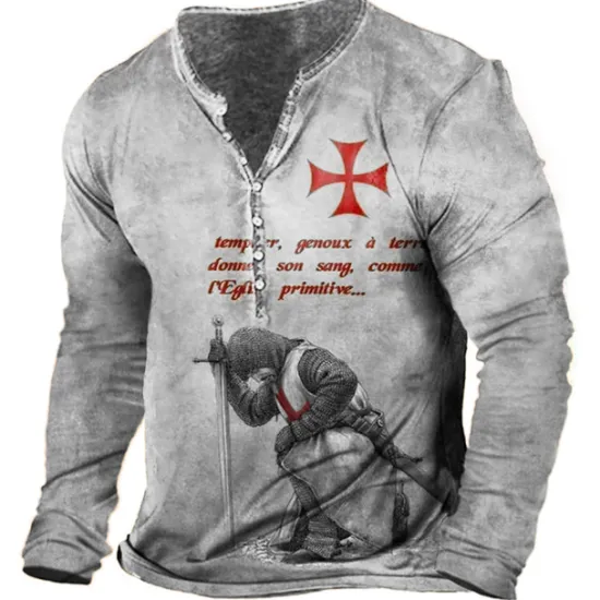 Hot OUKU Men's T shirt Tee Henley Shirt Tee Graphic Templar Cross Soldier Henley Light Green Red Blue Green Khaki 3D Print Plus Size Outdoor Daily Long Sleeve Button-Down Print Clothing Apparel Stylish