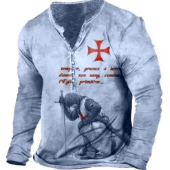 Hot OUKU Men's T shirt Tee Henley Shirt Tee Graphic Templar Cross Soldier Henley Light Green Red Blue Green Khaki 3D Print Plus Size Outdoor Daily Long Sleeve Button-Down Print Clothing Apparel Stylish