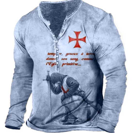 Hot OUKU Men's T shirt Tee Henley Shirt Tee Graphic Templar Cross Soldier Henley Light Green Red Blue Green Khaki 3D Print Plus Size Outdoor Daily Long Sleeve Button-Down Print Clothing Apparel Stylish
