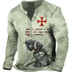 Hot OUKU Men's T shirt Tee Henley Shirt Tee Graphic Templar Cross Soldier Henley Light Green Red Blue Green Khaki 3D Print Plus Size Outdoor Daily Long Sleeve Button-Down Print Clothing Apparel Stylish