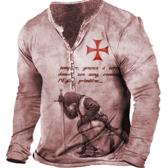 Hot OUKU Men's T shirt Tee Henley Shirt Tee Graphic Templar Cross Soldier Henley Light Green Red Blue Green Khaki 3D Print Plus Size Outdoor Daily Long Sleeve Button-Down Print Clothing Apparel Stylish