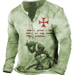 Hot OUKU Men's T shirt Tee Henley Shirt Tee Graphic Templar Cross Soldier Henley Light Green Red Blue Green Khaki 3D Print Plus Size Outdoor Daily Long Sleeve Button-Down Print Clothing Apparel Stylish