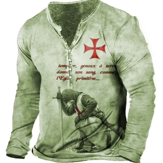 Hot OUKU Men's T shirt Tee Henley Shirt Tee Graphic Templar Cross Soldier Henley Light Green Red Blue Green Khaki 3D Print Plus Size Outdoor Daily Long Sleeve Button-Down Print Clothing Apparel Stylish
