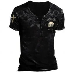 New OUKU Men's T shirt Tee Henley Shirt Skull Graphic Prints Henley Black Army Green Brown Khaki 3D Print Outdoor Casual Short Sleeve Button-Down Print Clothing Apparel Stylish Lightweight Vintage Breathable