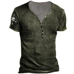 New OUKU Men's T shirt Tee Henley Shirt Skull Graphic Prints Henley Black Army Green Brown Khaki 3D Print Outdoor Casual Short Sleeve Button-Down Print Clothing Apparel Stylish Lightweight Vintage Breathable