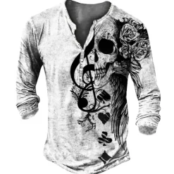 Online OUKU Men's T shirt Tee Henley Shirt Tee Funny T Shirts Designer Basic Classic Shirt Graphic Skull Music Long Sleeve Shirt Outdoor Daily Sports Henley Spring & Summer Clothing Apparel 3D Print Plus White