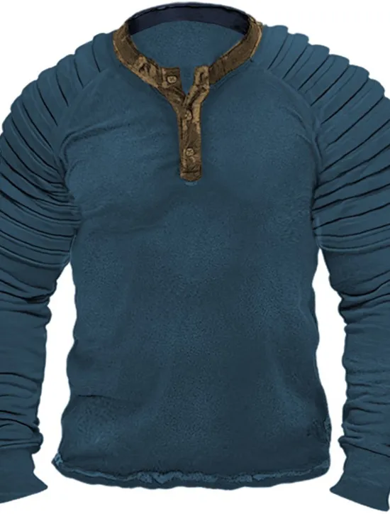 Best OUKU Men's T shirt Tee Henley Shirt Cool Shirt Long Sleeve Shirt Plain Slim Pleated Henley Street Vacation Long Sleeve Clothing Apparel Designer Basic Modern Contemporary
