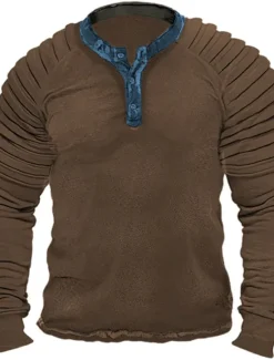 Best OUKU Men's T shirt Tee Henley Shirt Cool Shirt Long Sleeve Shirt Plain Slim Pleated Henley Street Vacation Long Sleeve Clothing Apparel Designer Basic Modern Contemporary