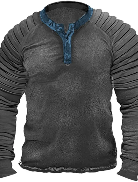 Best OUKU Men's T shirt Tee Henley Shirt Cool Shirt Long Sleeve Shirt Plain Slim Pleated Henley Street Vacation Long Sleeve Clothing Apparel Designer Basic Modern Contemporary