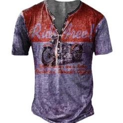 Outlet OUKU Men's T shirt Tee Henley Shirt Tee Graphic Motorcycle Henley Blue red Red Blue Purple Green 3D Print Plus Size Outdoor Casual Short Sleeve Button-Down Print Clothing Apparel Designer Stylish Retro