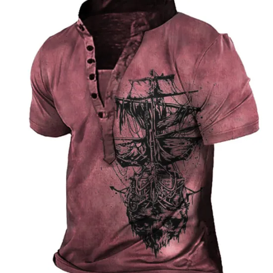 Discount OUKU Men's T shirt Tee Henley Shirt Tee Graphic Rudder Henley Blue Purple Red Brown Gray 3D Print Plus Size Outdoor Daily Short Sleeve Button-Down Print Clothing Apparel Basic Designer Casual Classic