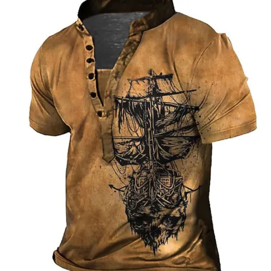 Discount OUKU Men's T shirt Tee Henley Shirt Tee Graphic Rudder Henley Blue Purple Red Brown Gray 3D Print Plus Size Outdoor Daily Short Sleeve Button-Down Print Clothing Apparel Basic Designer Casual Classic