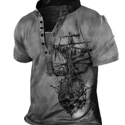 Discount OUKU Men's T shirt Tee Henley Shirt Tee Graphic Rudder Henley Blue Purple Red Brown Gray 3D Print Plus Size Outdoor Daily Short Sleeve Button-Down Print Clothing Apparel Basic Designer Casual Classic