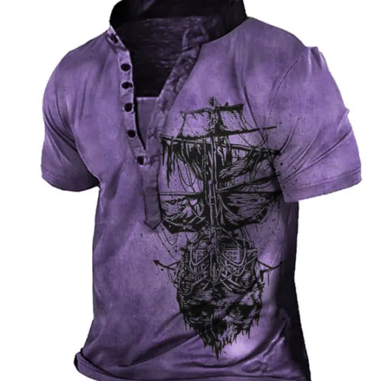Discount OUKU Men's T shirt Tee Henley Shirt Tee Graphic Rudder Henley Blue Purple Red Brown Gray 3D Print Plus Size Outdoor Daily Short Sleeve Button-Down Print Clothing Apparel Basic Designer Casual Classic