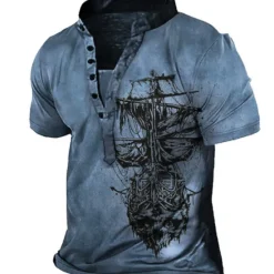 Discount OUKU Men's T shirt Tee Henley Shirt Tee Graphic Rudder Henley Blue Purple Red Brown Gray 3D Print Plus Size Outdoor Daily Short Sleeve Button-Down Print Clothing Apparel Basic Designer Casual Classic