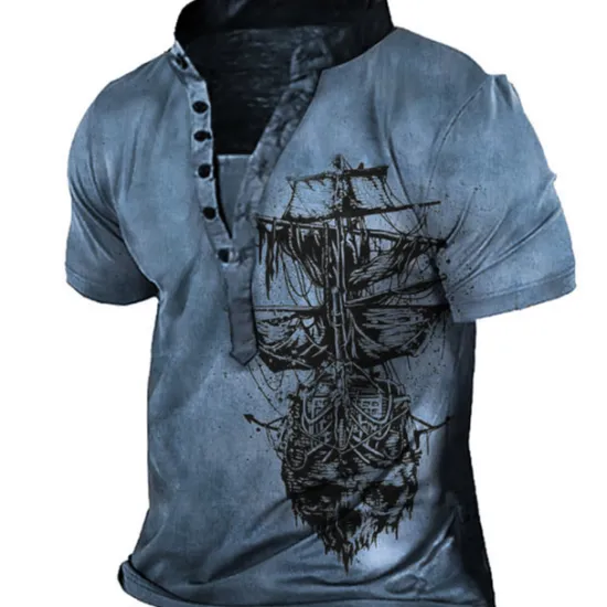 Discount OUKU Men's T shirt Tee Henley Shirt Tee Graphic Rudder Henley Blue Purple Red Brown Gray 3D Print Plus Size Outdoor Daily Short Sleeve Button-Down Print Clothing Apparel Basic Designer Casual Classic