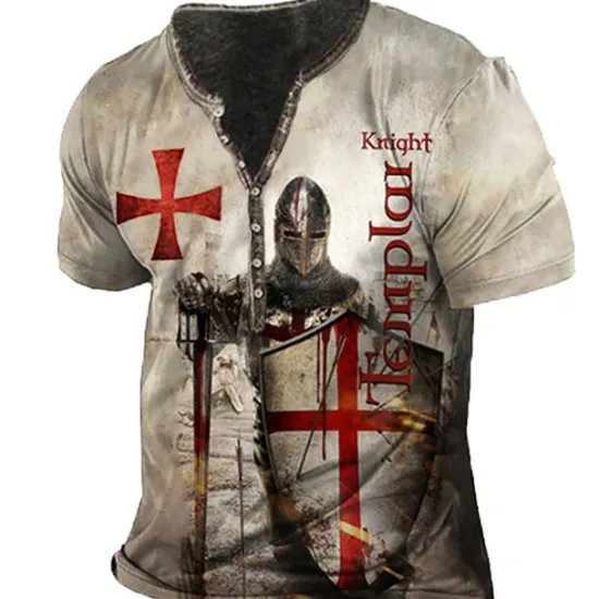 Clearance OUKU Men's T shirt Tee Henley Shirt Tee Designer Basic Casual Shirt Graphic Templar Cross Knights Templar Cross Short Sleeve Shirt Blue Purple Brown Outdoor Daily Sports Henley Summer Clothing Apparel 3D