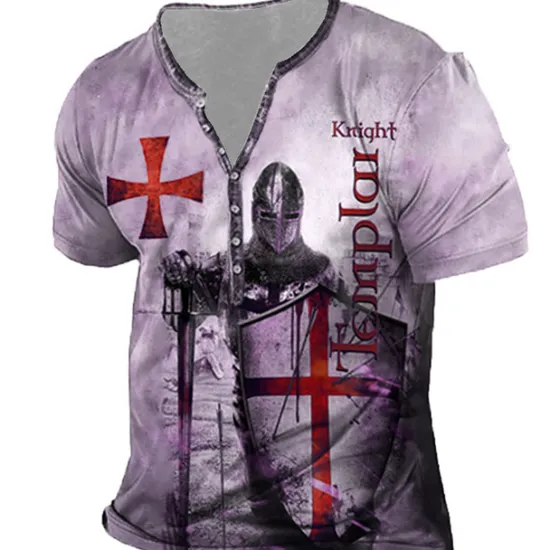 Clearance OUKU Men's T shirt Tee Henley Shirt Tee Designer Basic Casual Shirt Graphic Templar Cross Knights Templar Cross Short Sleeve Shirt Blue Purple Brown Outdoor Daily Sports Henley Summer Clothing Apparel 3D