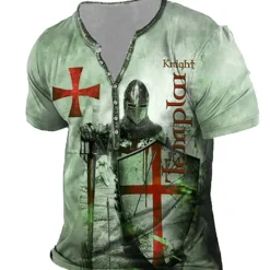 Clearance OUKU Men's T shirt Tee Henley Shirt Tee Designer Basic Casual Shirt Graphic Templar Cross Knights Templar Cross Short Sleeve Shirt Blue Purple Brown Outdoor Daily Sports Henley Summer Clothing Apparel 3D
