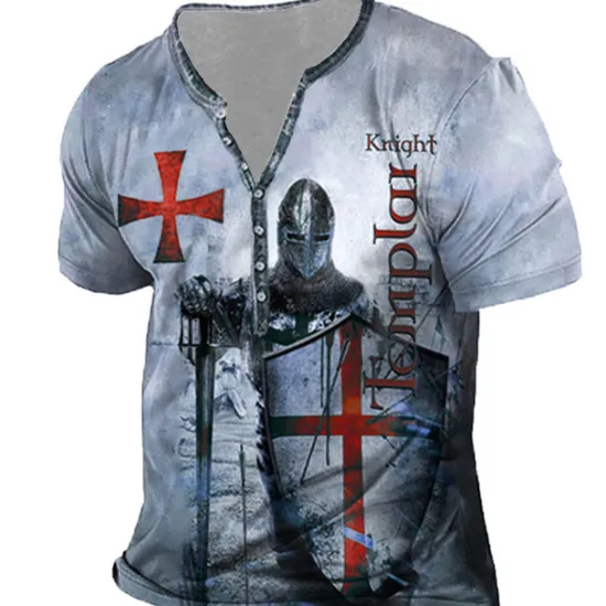 Clearance OUKU Men's T shirt Tee Henley Shirt Tee Designer Basic Casual Shirt Graphic Templar Cross Knights Templar Cross Short Sleeve Shirt Blue Purple Brown Outdoor Daily Sports Henley Summer Clothing Apparel 3D