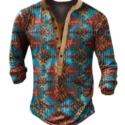 Best OUKU Men's T shirt Tee Henley Shirt Graphic Geometry Henley White Blue Camel Brown 3D Print Street Casual Long Sleeve Button-Down Print Clothing Apparel Stylish Vintage Basic Classic