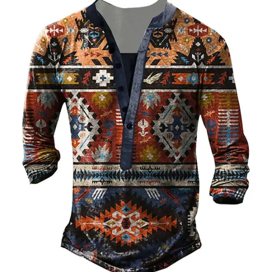 Best OUKU Men's T shirt Tee Henley Shirt Graphic Geometry Henley White Blue Camel Brown 3D Print Street Casual Long Sleeve Button-Down Print Clothing Apparel Stylish Vintage Basic Classic