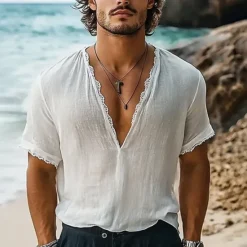 New OUKU Men's T Shirt Tee Short Sleeve Shirt Tee Top Short Sleeve V Neck Summer Solid Color Bohemia Vintage Casual Lace Trims Vacation Street Casual Daily Top Tee for Men White