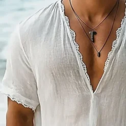 New OUKU Men's T Shirt Tee Short Sleeve Shirt Tee Top Short Sleeve V Neck Summer Solid Color Bohemia Vintage Casual Lace Trims Vacation Street Casual Daily Top Tee for Men White
