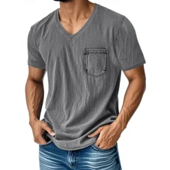 Hot OUKU Men's T Shirt Tee Short Sleeve Shirt Tee Top Short Sleeve V Neck Summer Plain Fashion Designer Basic Pocket Vacation Street Going out Black Navy Blue Blue Top Tee for Men