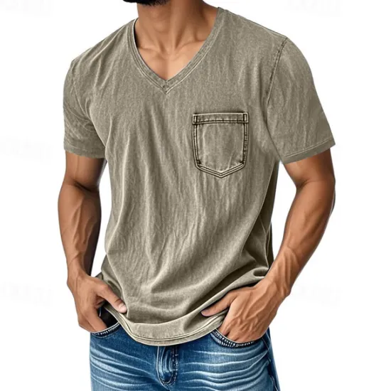 Hot OUKU Men's T Shirt Tee Short Sleeve Shirt Tee Top Short Sleeve V Neck Summer Plain Fashion Designer Basic Pocket Vacation Street Going out Black Navy Blue Blue Top Tee for Men