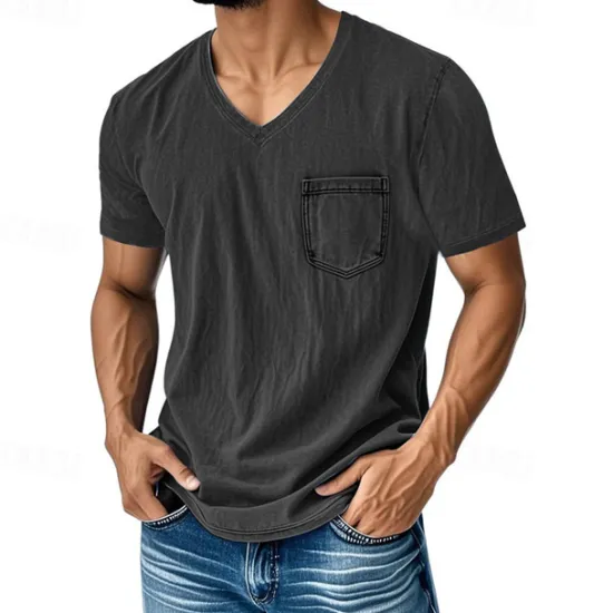 Hot OUKU Men's T Shirt Tee Short Sleeve Shirt Tee Top Short Sleeve V Neck Summer Plain Fashion Designer Basic Pocket Vacation Street Going out Black Navy Blue Blue Top Tee for Men