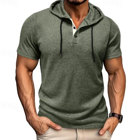 Outlet OUKU Men's T Shirt Tee Short Sleeve Shirt Tee Top Short Sleeve Hooded Summer Plain Fashion Designer Basic Buttons Vacation Street Going out Wine Black Blue Top Tee for Men