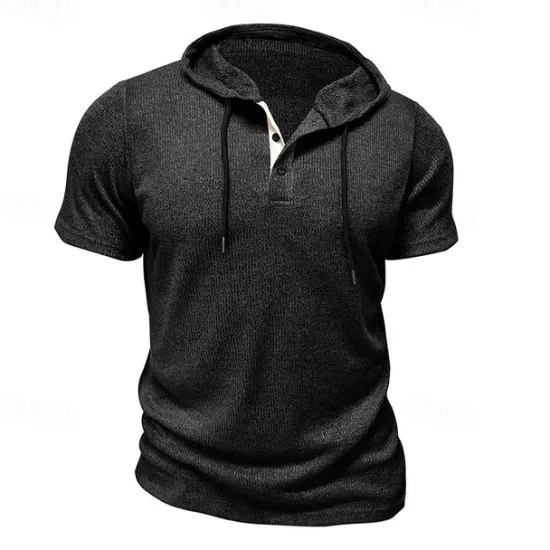 Outlet OUKU Men's T Shirt Tee Short Sleeve Shirt Tee Top Short Sleeve Hooded Summer Plain Fashion Designer Basic Buttons Vacation Street Going out Wine Black Blue Top Tee for Men