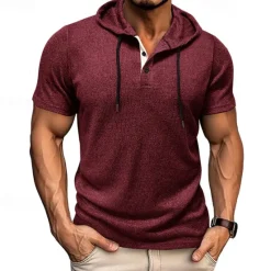 Outlet OUKU Men's T Shirt Tee Short Sleeve Shirt Tee Top Short Sleeve Hooded Summer Plain Fashion Designer Basic Buttons Vacation Street Going out Wine Black Blue Top Tee for Men