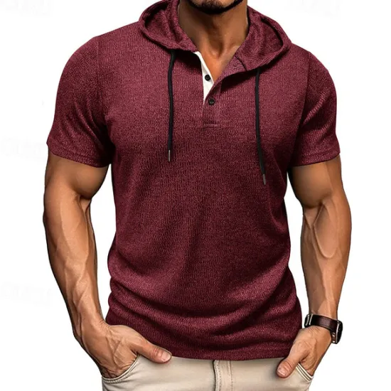Outlet OUKU Men's T Shirt Tee Short Sleeve Shirt Tee Top Short Sleeve Hooded Summer Plain Fashion Designer Basic Buttons Vacation Street Going out Wine Black Blue Top Tee for Men