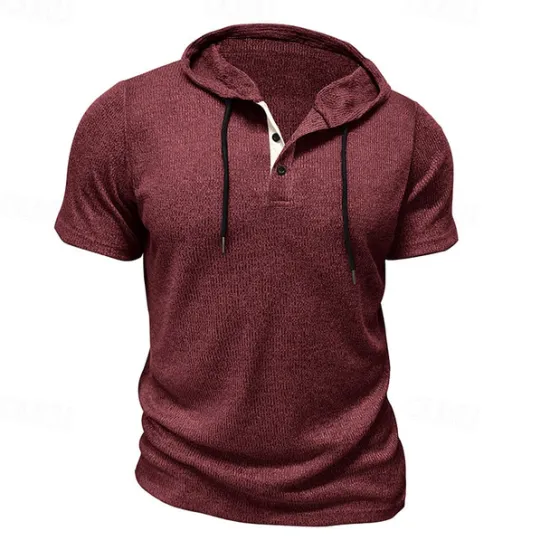 Outlet OUKU Men's T Shirt Tee Short Sleeve Shirt Tee Top Short Sleeve Hooded Summer Plain Fashion Designer Basic Buttons Vacation Street Going out Wine Black Blue Top Tee for Men