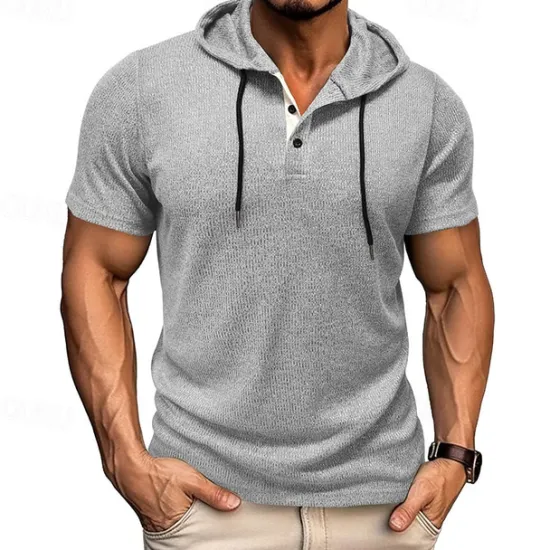 Outlet OUKU Men's T Shirt Tee Short Sleeve Shirt Tee Top Short Sleeve Hooded Summer Plain Fashion Designer Basic Buttons Vacation Street Going out Wine Black Blue Top Tee for Men