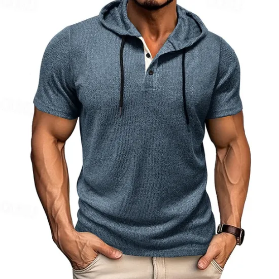 Outlet OUKU Men's T Shirt Tee Short Sleeve Shirt Tee Top Short Sleeve Hooded Summer Plain Fashion Designer Basic Buttons Vacation Street Going out Wine Black Blue Top Tee for Men