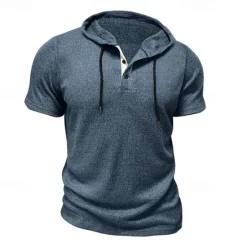Outlet OUKU Men's T Shirt Tee Short Sleeve Shirt Tee Top Short Sleeve Hooded Summer Plain Fashion Designer Basic Buttons Vacation Street Going out Wine Black Blue Top Tee for Men