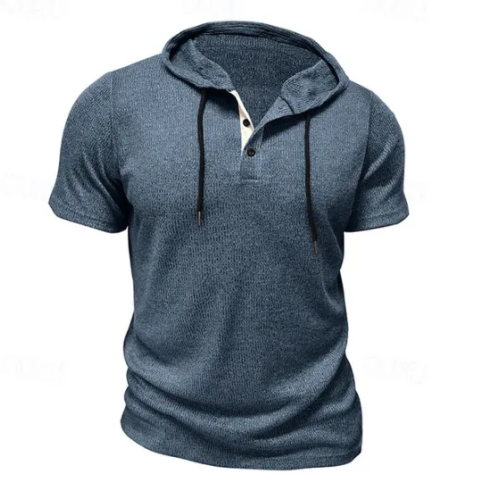 Outlet OUKU Men's T Shirt Tee Short Sleeve Shirt Tee Top Short Sleeve Hooded Summer Plain Fashion Designer Basic Buttons Vacation Street Going out Wine Black Blue Top Tee for Men