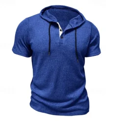 Outlet OUKU Men's T Shirt Tee Short Sleeve Shirt Tee Top Short Sleeve Hooded Summer Plain Fashion Designer Basic Buttons Vacation Street Going out Wine Black Blue Top Tee for Men
