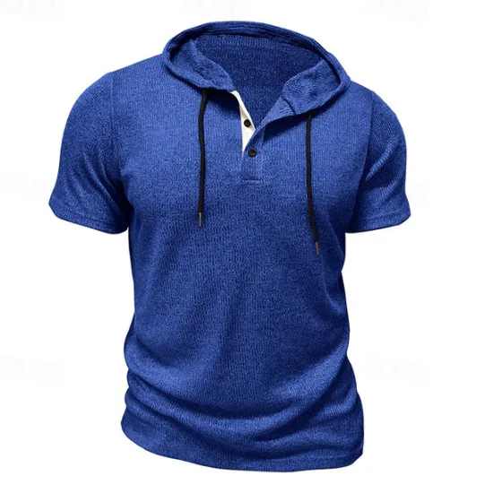 Outlet OUKU Men's T Shirt Tee Short Sleeve Shirt Tee Top Short Sleeve Hooded Summer Plain Fashion Designer Basic Buttons Vacation Street Going out Wine Black Blue Top Tee for Men