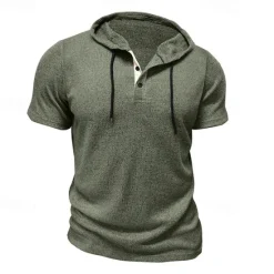 Outlet OUKU Men's T Shirt Tee Short Sleeve Shirt Tee Top Short Sleeve Hooded Summer Plain Fashion Designer Basic Buttons Vacation Street Going out Wine Black Blue Top Tee for Men