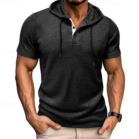 Outlet OUKU Men's T Shirt Tee Short Sleeve Shirt Tee Top Short Sleeve Hooded Summer Plain Fashion Designer Basic Buttons Vacation Street Going out Wine Black Blue Top Tee for Men