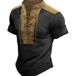 New OUKU Men's T Shirt Tee Short Sleeve Collar Summer Color Block Vintage Fashion Lace up Print Casual Daily Sports Dark Brown Drak Gray Blue Top Tee for Men