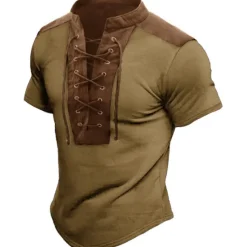 New OUKU Men's T Shirt Tee Short Sleeve Collar Summer Color Block Vintage Fashion Lace up Print Casual Daily Sports Dark Brown Drak Gray Blue Top Tee for Men