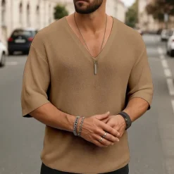 Hot OUKU Men's T Shirt Tee Short Sleeve Shirt Tee Top Short Sleeve V Neck Summer Plain Fashion Designer Basic Classic Vacation Street Going out Black White Brown Top Tee for Men