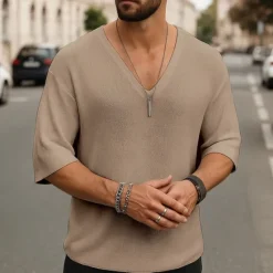 Hot OUKU Men's T Shirt Tee Short Sleeve Shirt Tee Top Short Sleeve V Neck Summer Plain Fashion Designer Basic Classic Vacation Street Going out Black White Brown Top Tee for Men